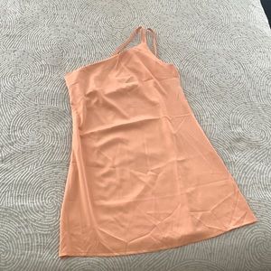 Peach heavier-weight satin dress. adjustable straps. Side zipper. Never worn